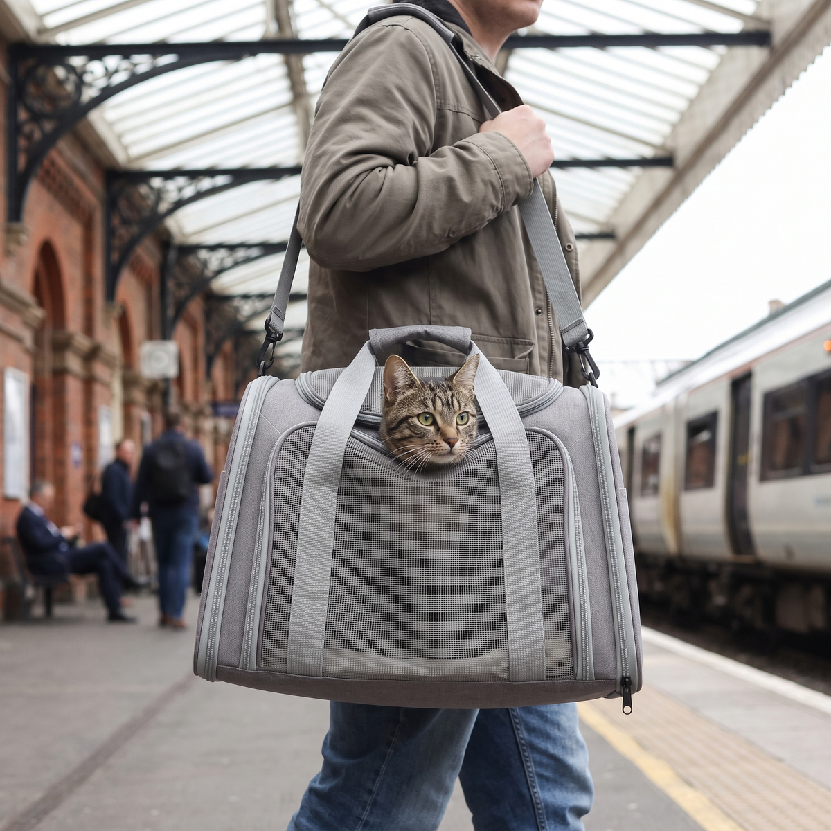 Carrying the pet carrier bag by its shoulder strap with a cat looking out of the mesh