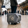 Wheeling the pet travel trolley through a railway station with a cat inside