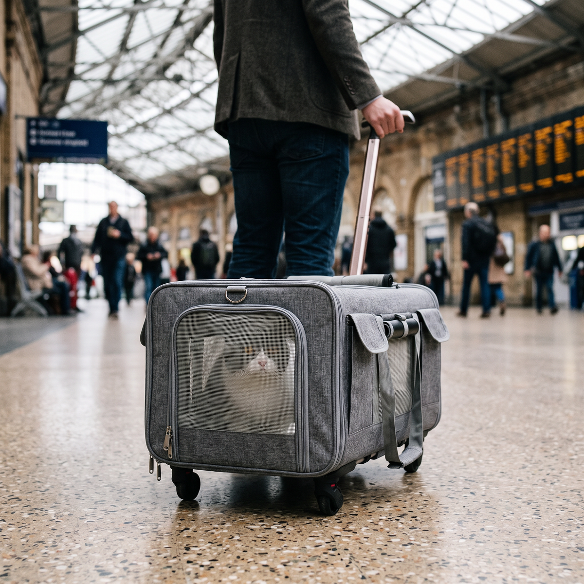 Wheeling the pet travel trolley through a railway station with a cat inside