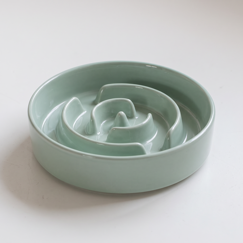 Close view of the ceramic glaze and the slow feeder ridges inside the bowl