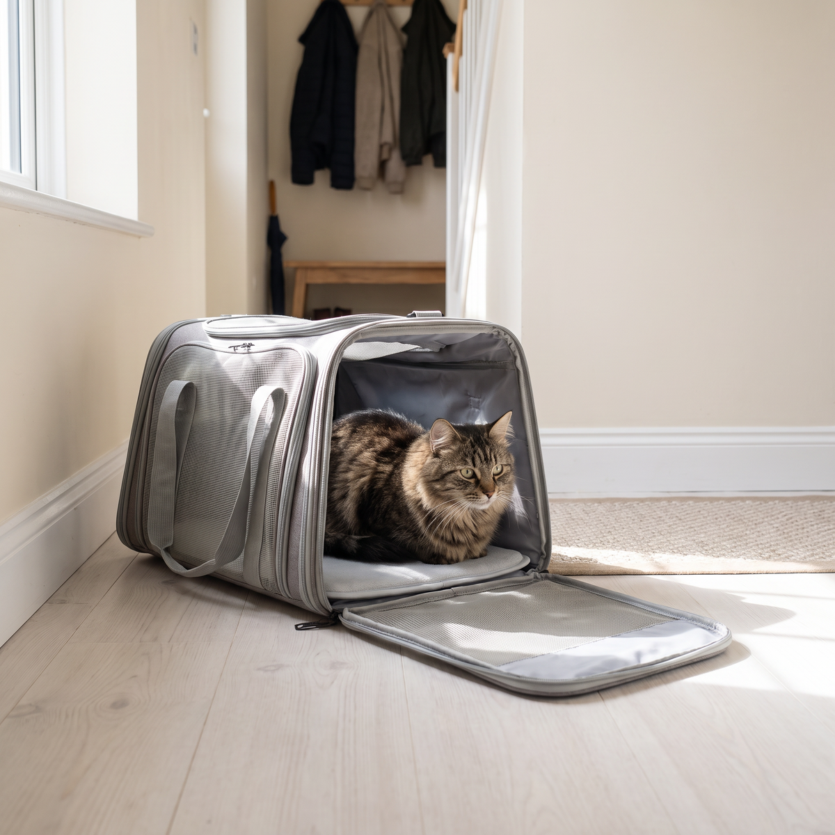 The carrier bag open on a hallway floor with a cat settled inside