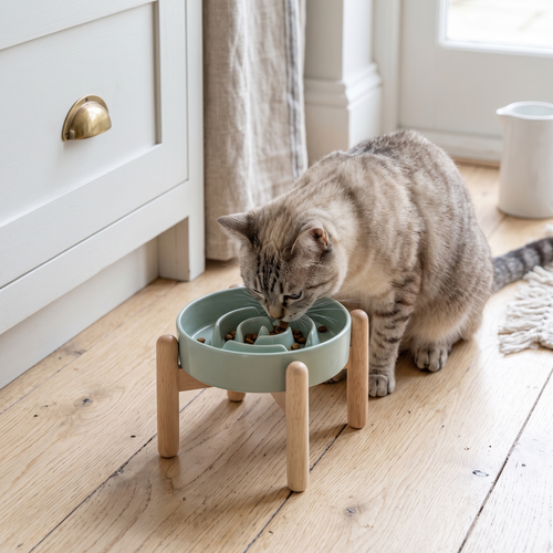 Cat eating from the glazed ceramic slow feeder bowl on a kitchen floor
