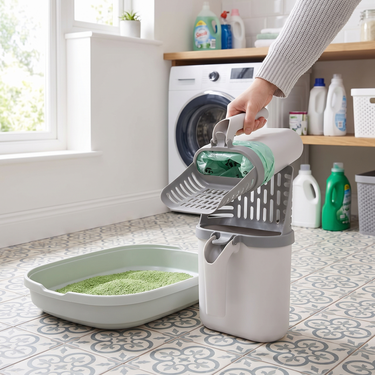 Lifting the litter scoop from its upright holder beside a litter tray