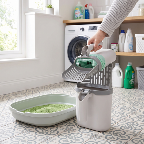 Lifting the litter scoop from its upright holder beside a litter tray