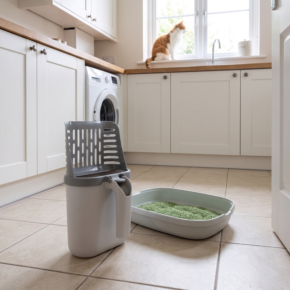 The litter scoop and holder standing next to a litter tray in a utility room