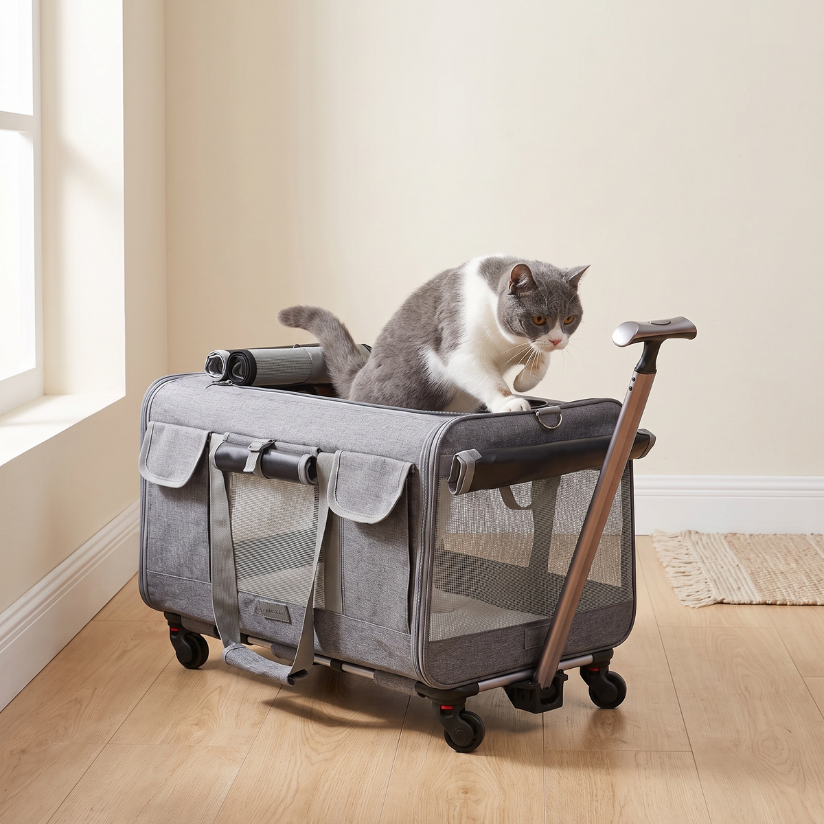 The travel trolley open in a hallway with a cat stepping inside
