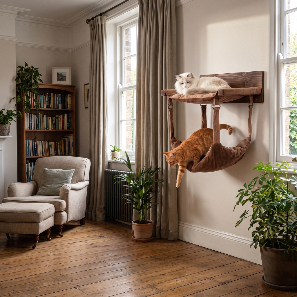 The hanging cat bed mounted by a window with a cat climbing into the lower nest
