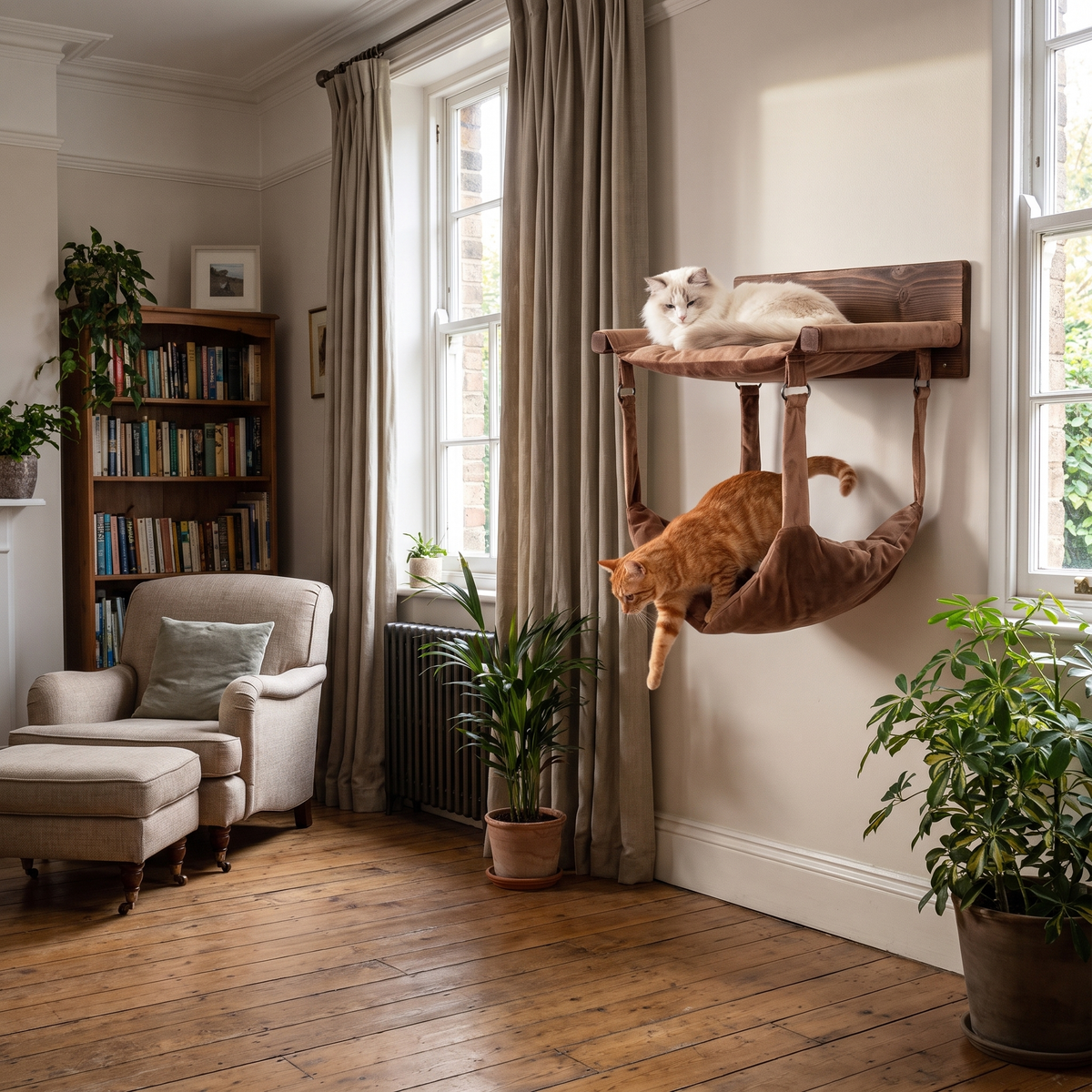 The hanging cat bed mounted by a window with a cat climbing into the lower nest