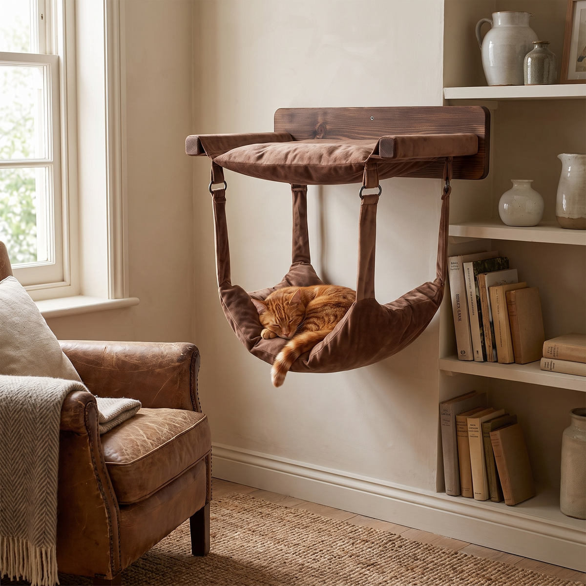 Cat asleep in the hammock layer of the wooden wall-mounted cat bed