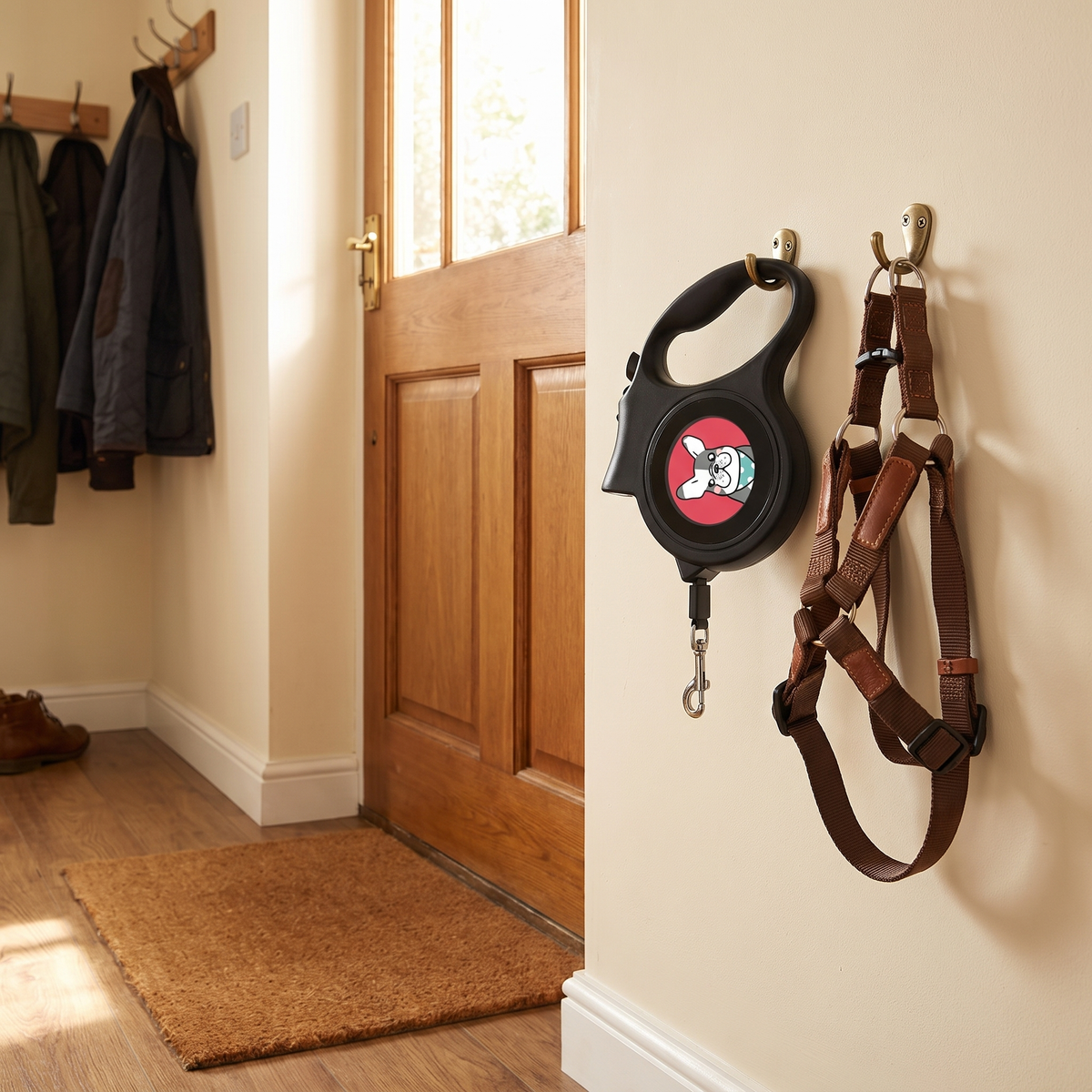 The retractable lead hanging on a hook by a front door beside a harness