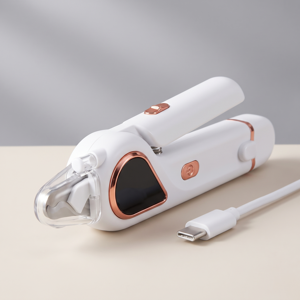 Close product view of the electric nail clipper with its Type-C charging cable