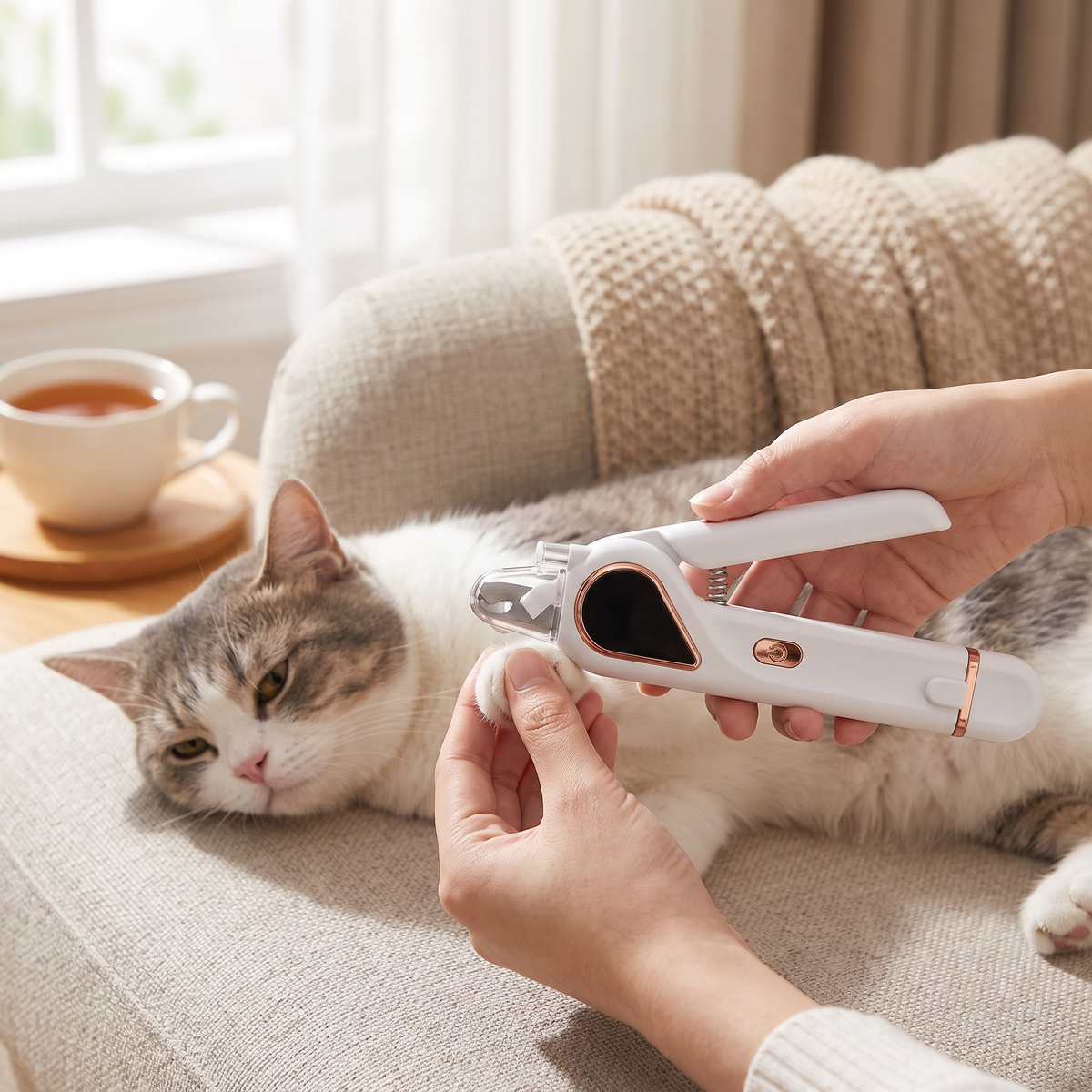 Using the electric pet nail clipper carefully on a calm cat's paw