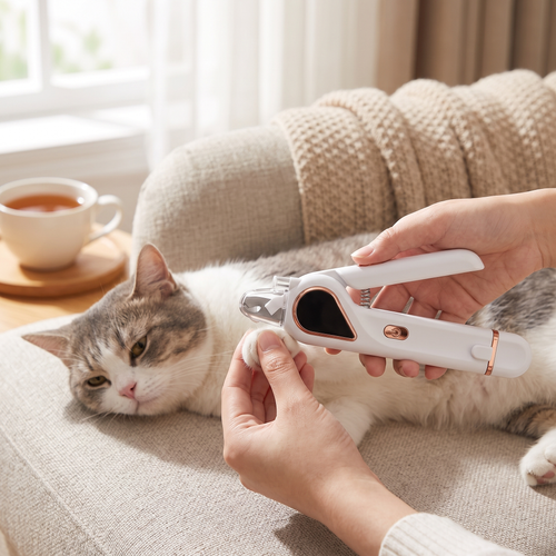 Using the electric pet nail clipper carefully on a calm cat's paw