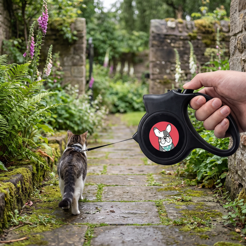 Holding the retractable lead while walking a harnessed cat on a garden path