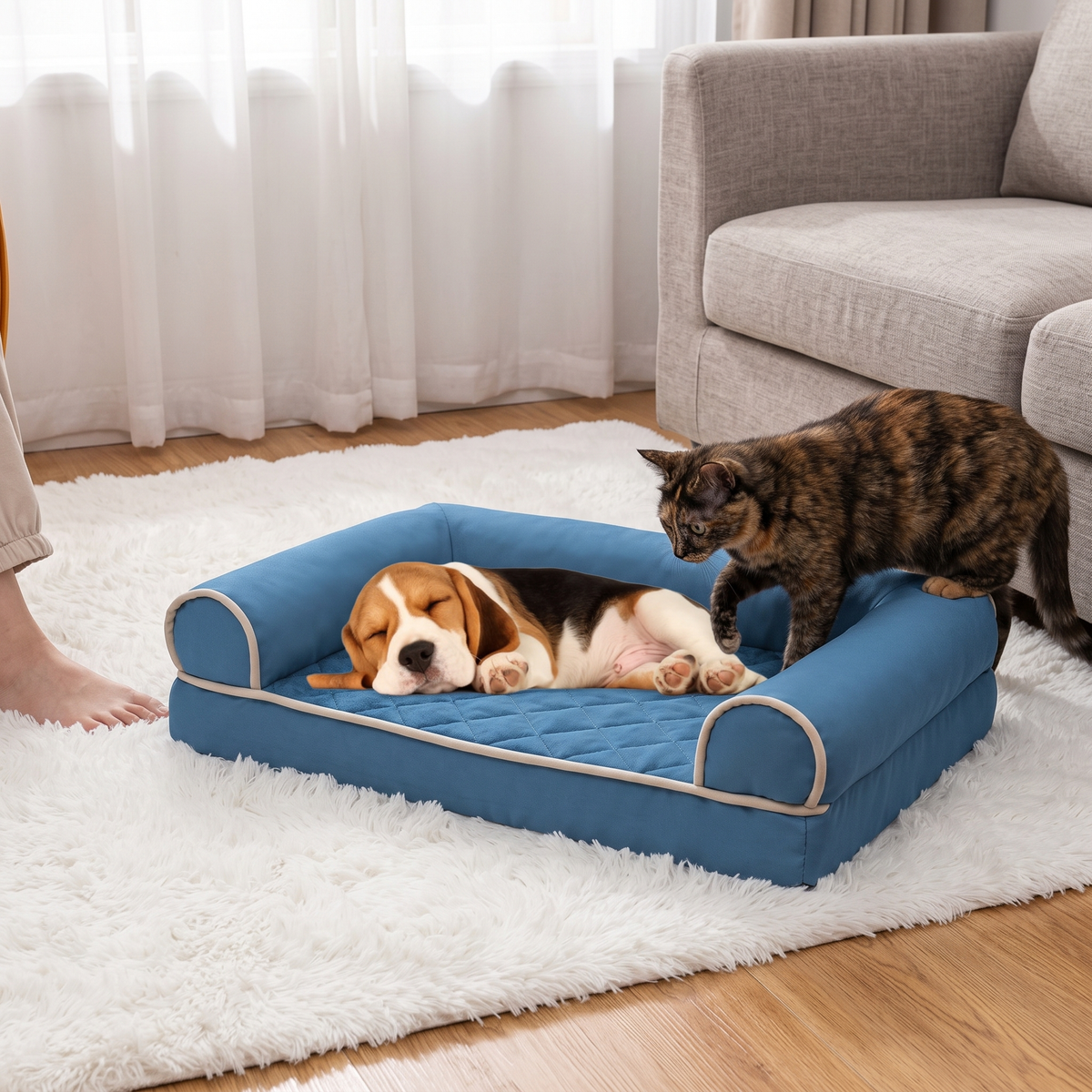 The square pet bed beside a linen sofa with a cat stepping into it