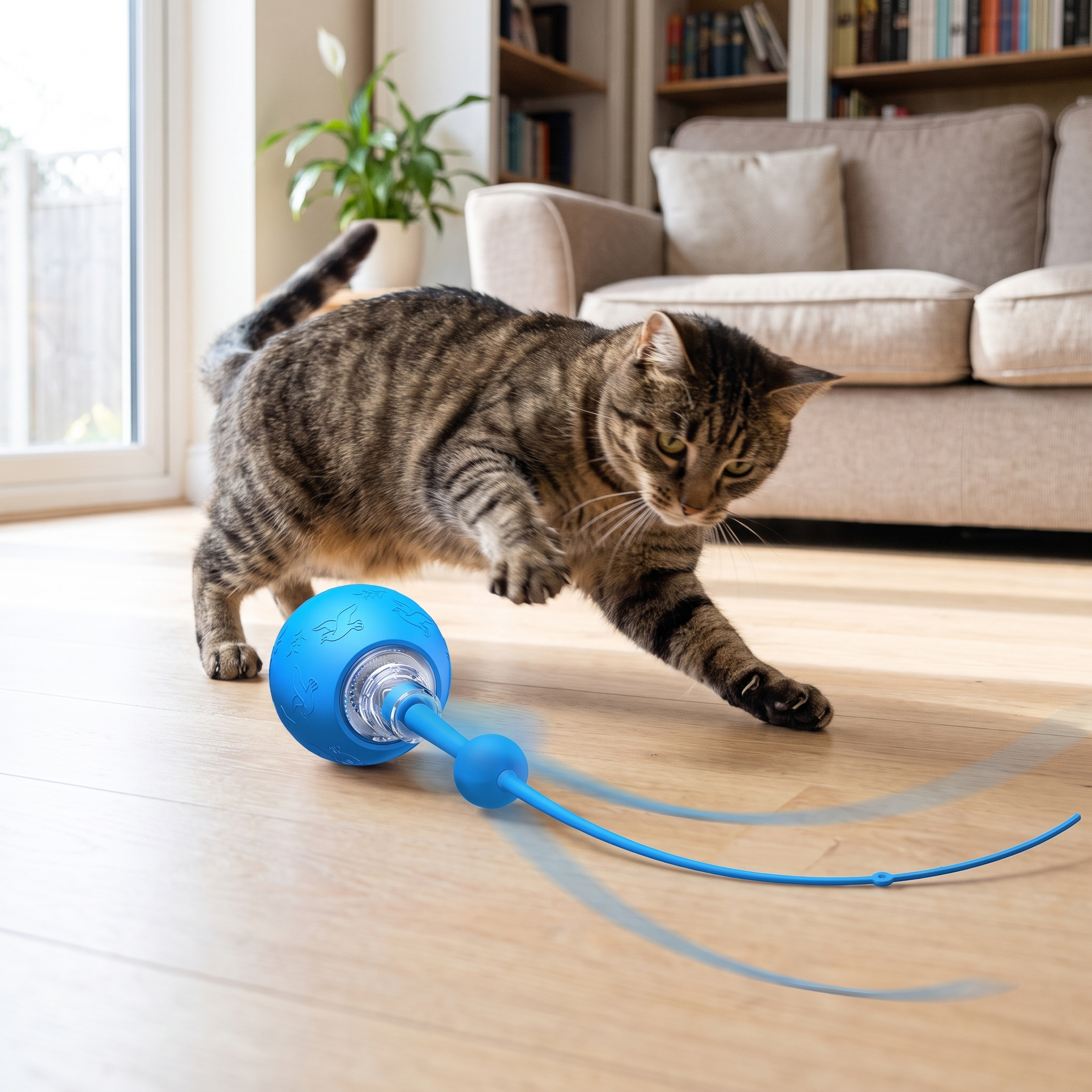 Cat pouncing on the smart electric toy ball with its silicone tail