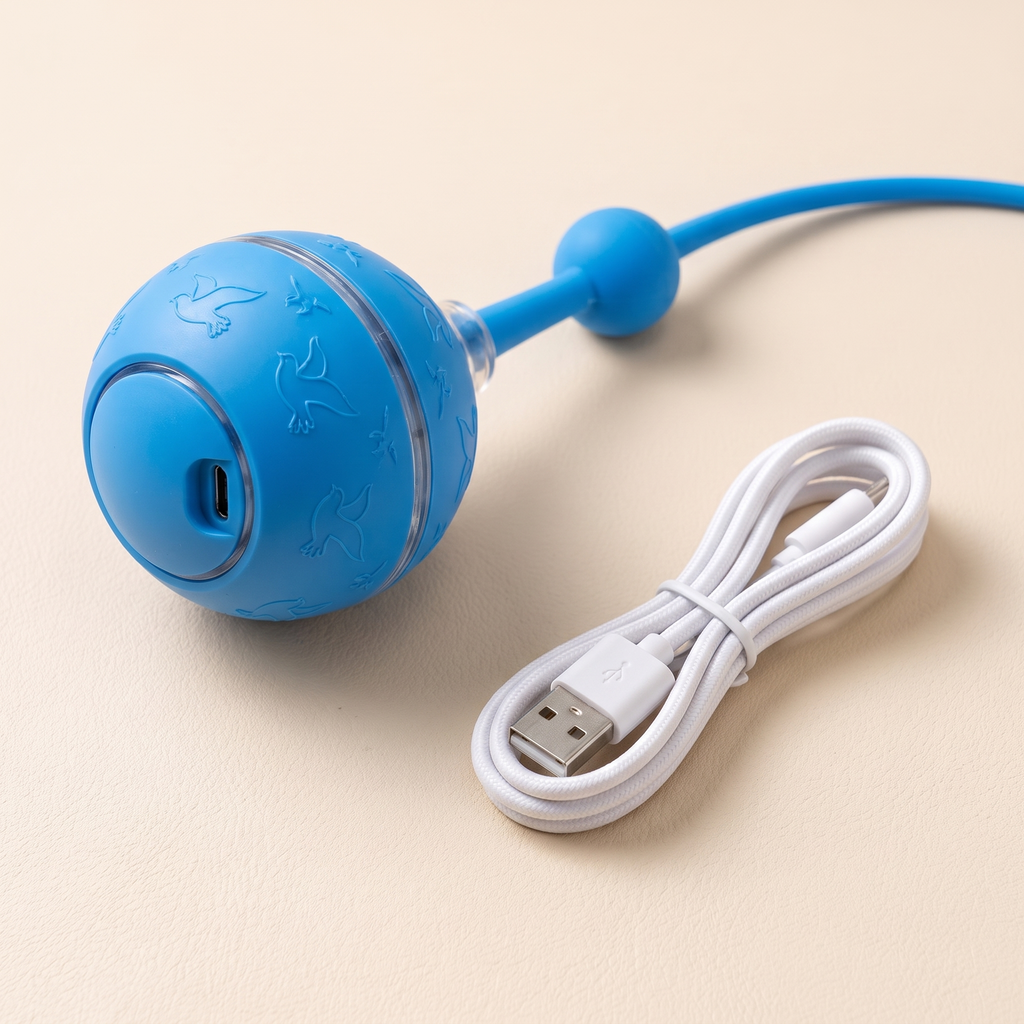Close product view of the smart cat toy ball, tail and USB cable