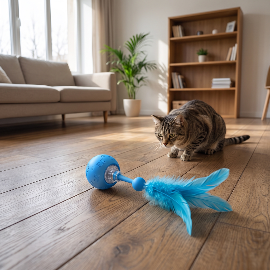The smart cat toy mid-roll with a cat crouched watching it