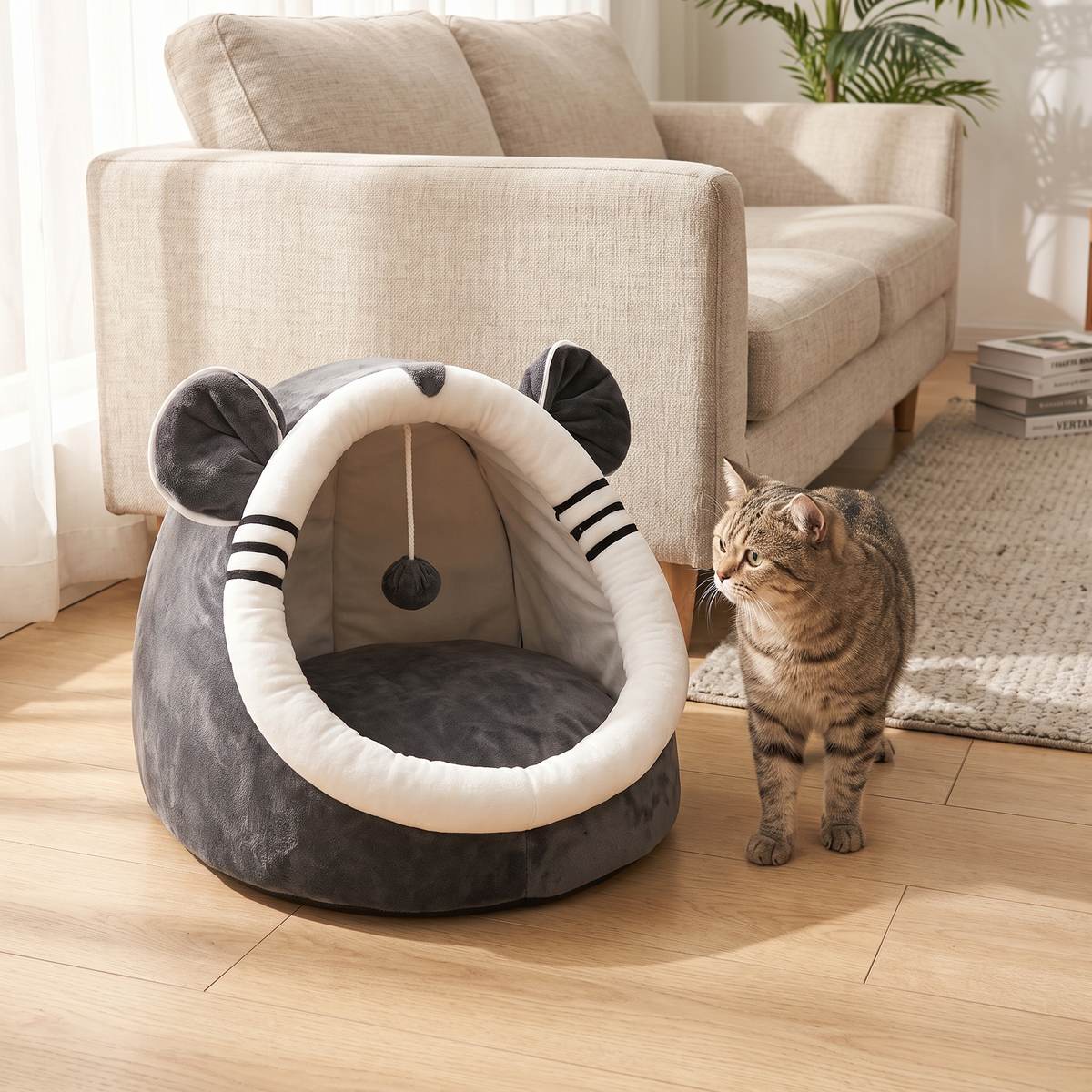 The cat nest on a living room floor beside a sofa with a cat next to it
