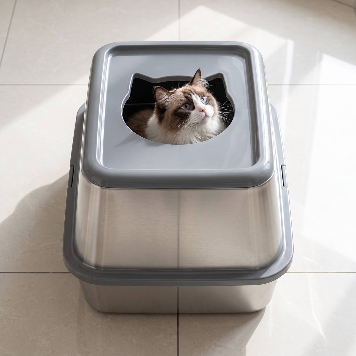 Overhead view of a cat emerging through the top entry opening
