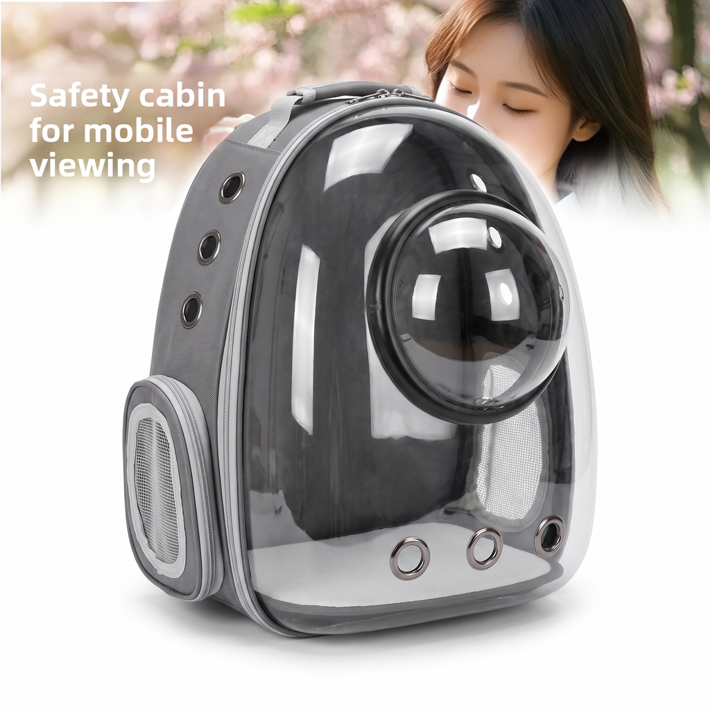 Space capsule cat backpack carrier on a white studio background