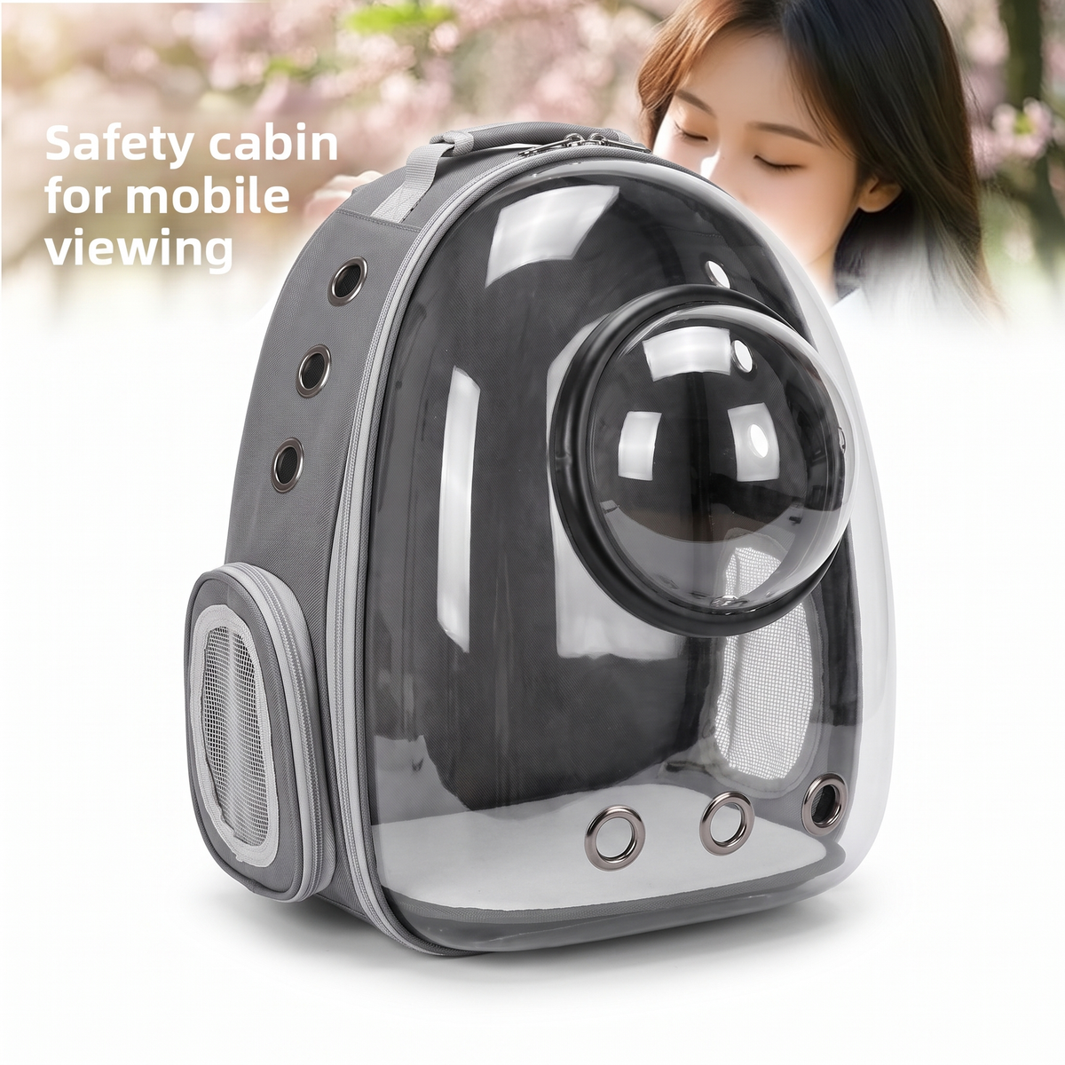 Space capsule cat backpack carrier on a white studio background