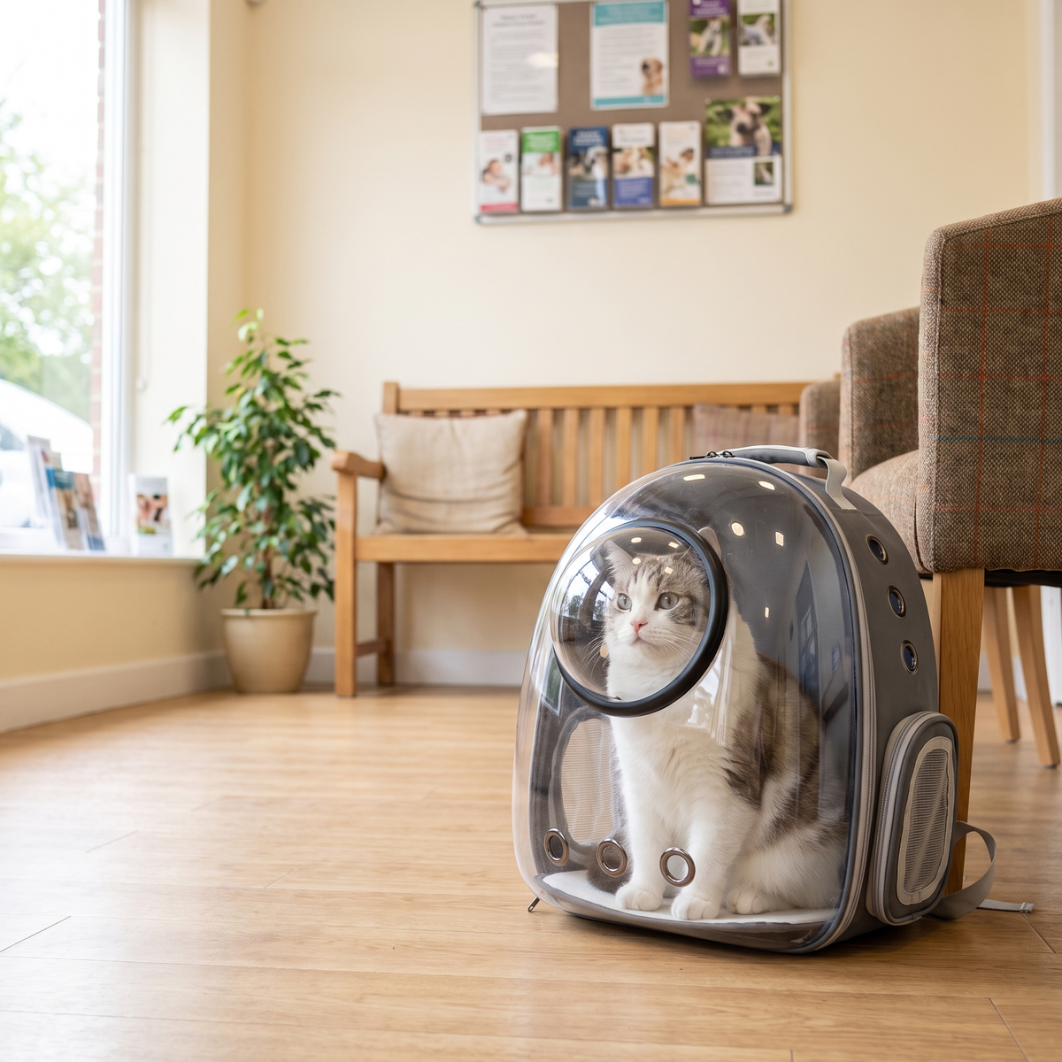 The backpack carrier in a vet waiting room with a calm cat inside