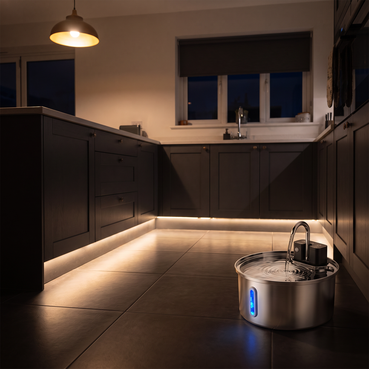 The water fountain glowing softly on a kitchen floor at night