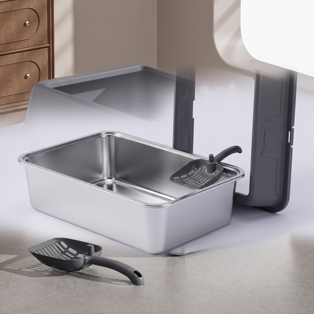 The litter box with the lid removed showing the steel base and included scoop