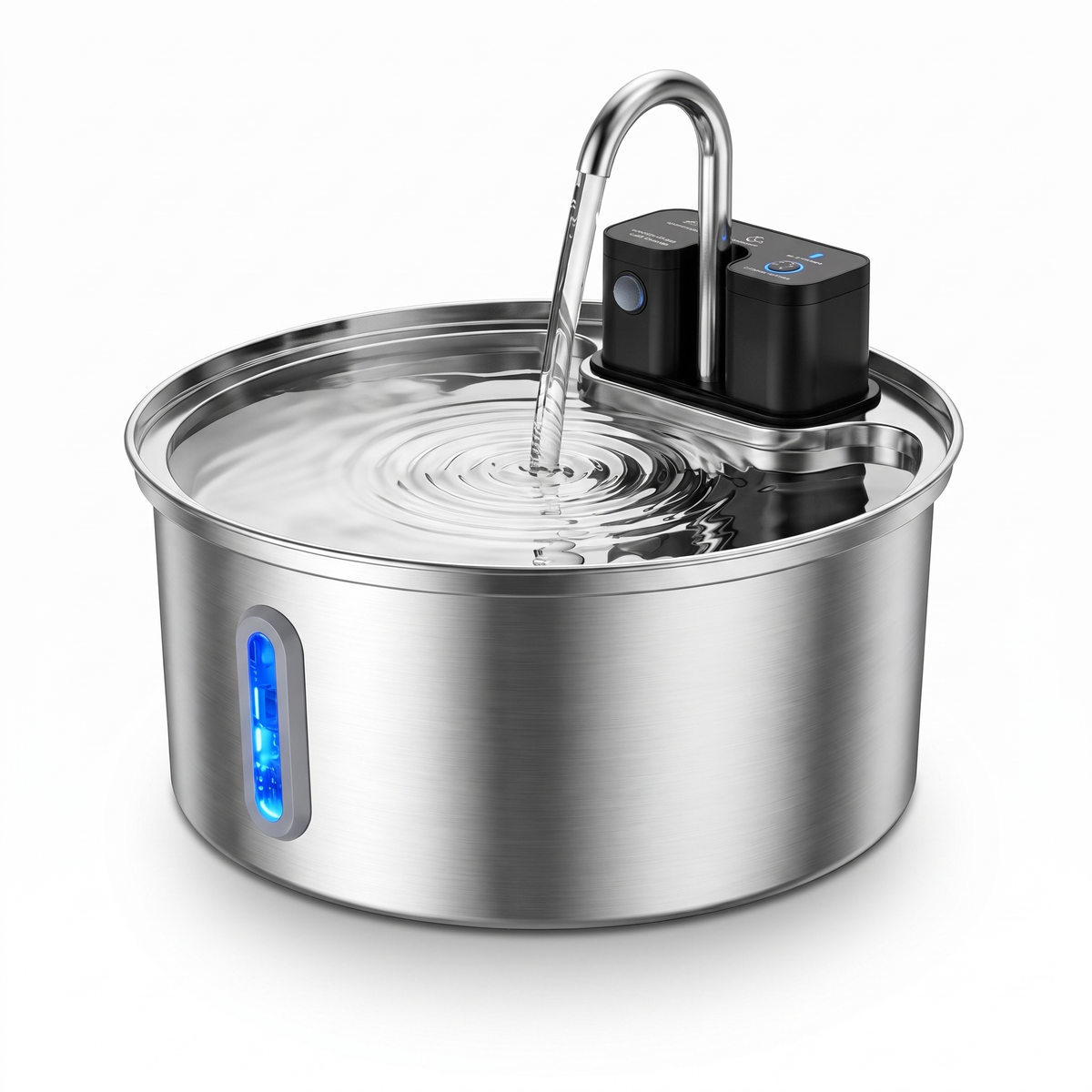 Stainless steel cordless cat water fountain on a white studio background
