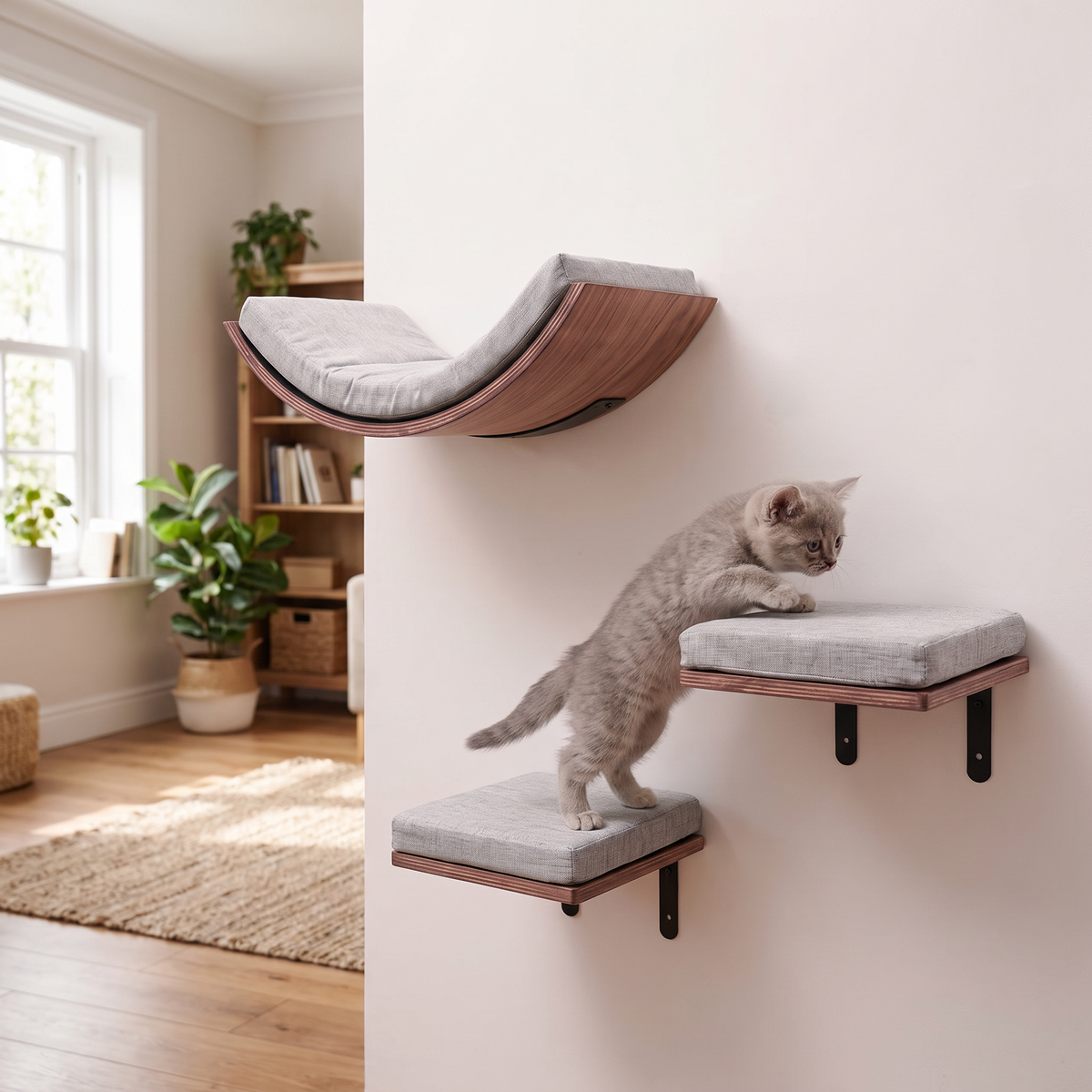 Two frames mounted at staggered heights with a cat stepping between platforms
