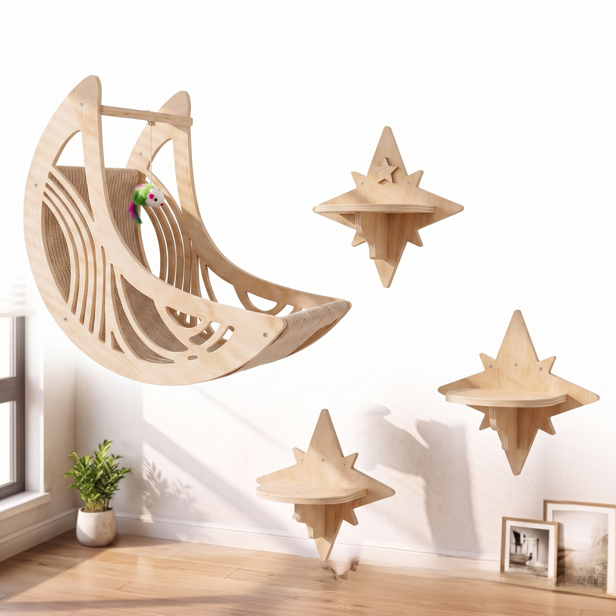 Wooden wall-mounted cat climbing frame on a white studio background