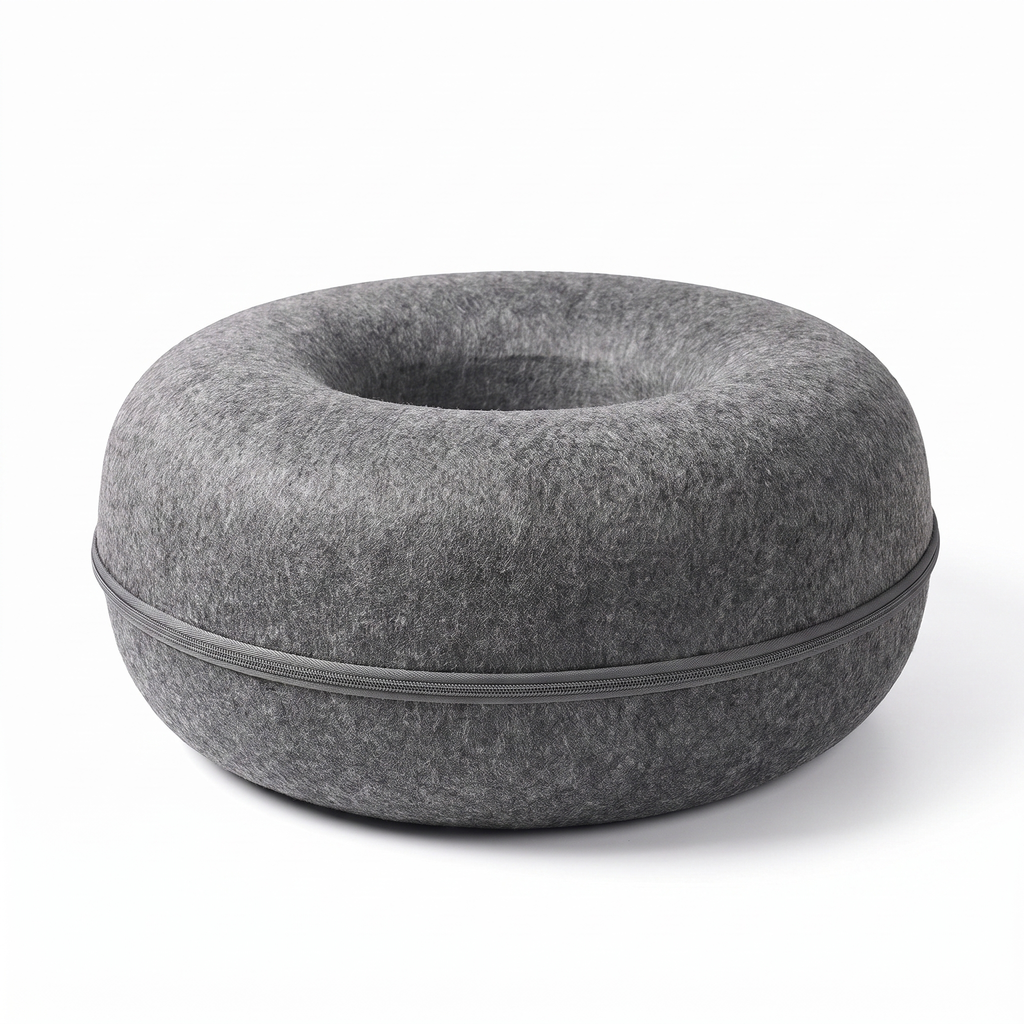 Felt donut cat bed on a white studio background