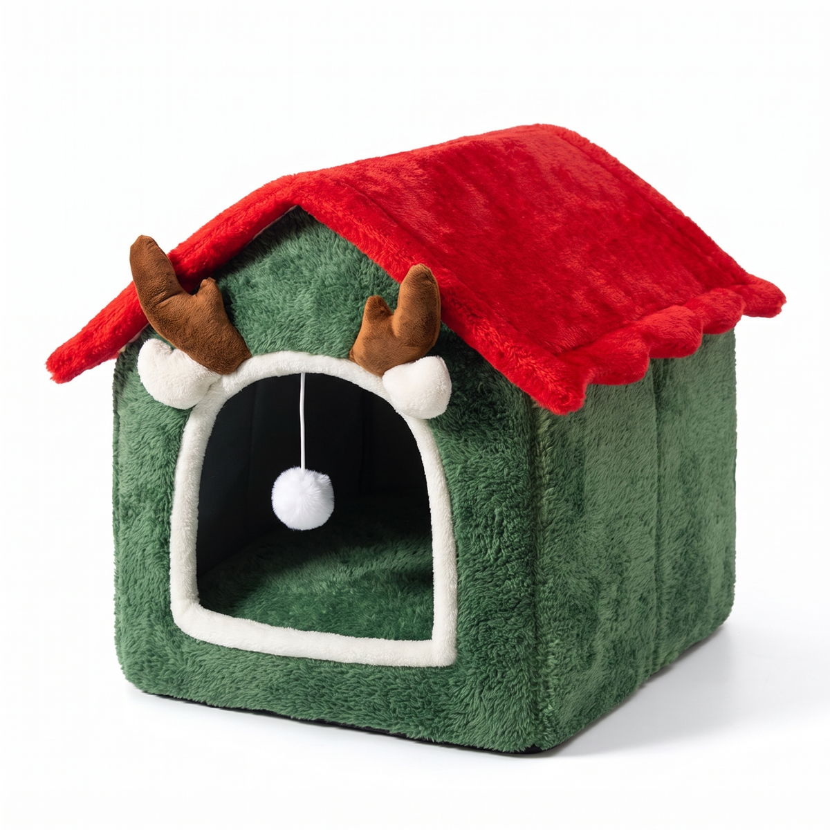 Enclosed festive cat house on a white studio background