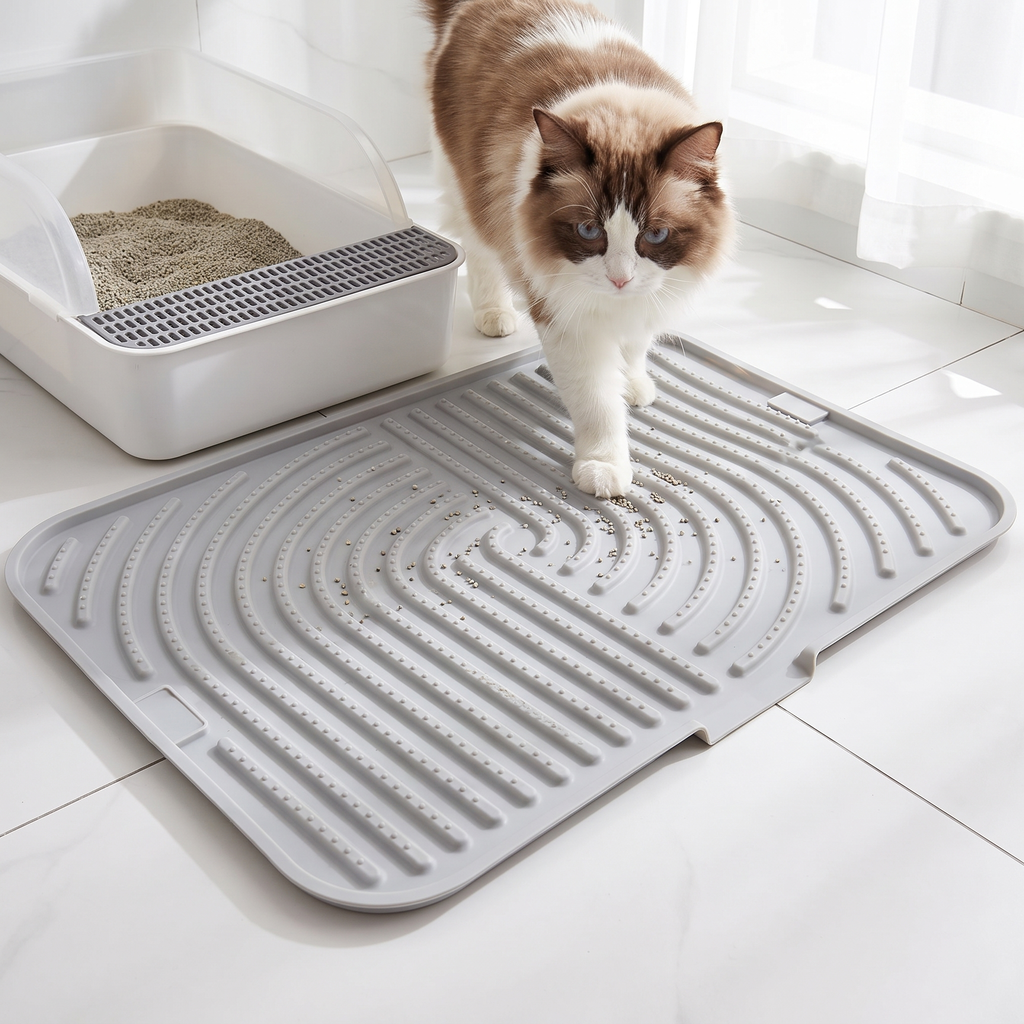 Low view of a cat walking across the mat in front of a litter tray