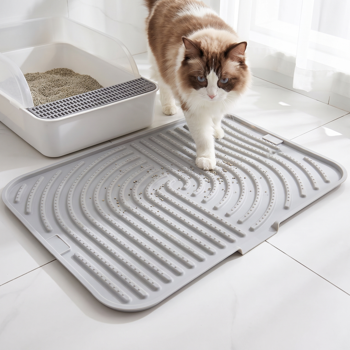 Low view of a cat walking across the mat in front of a litter tray