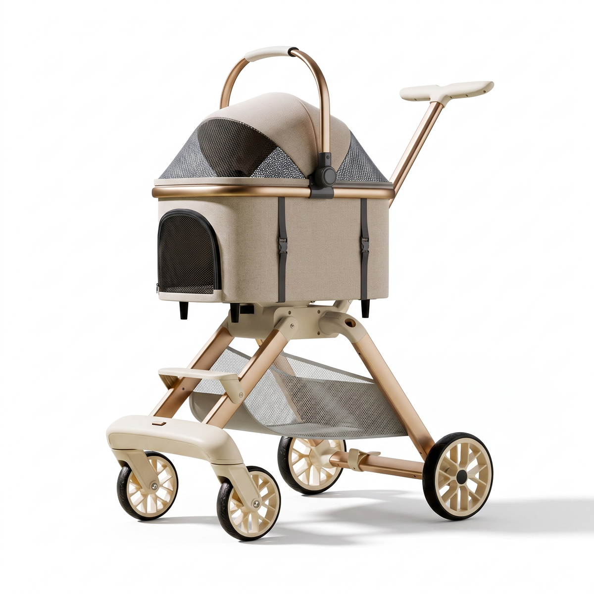 Foldable pet stroller on a white studio background