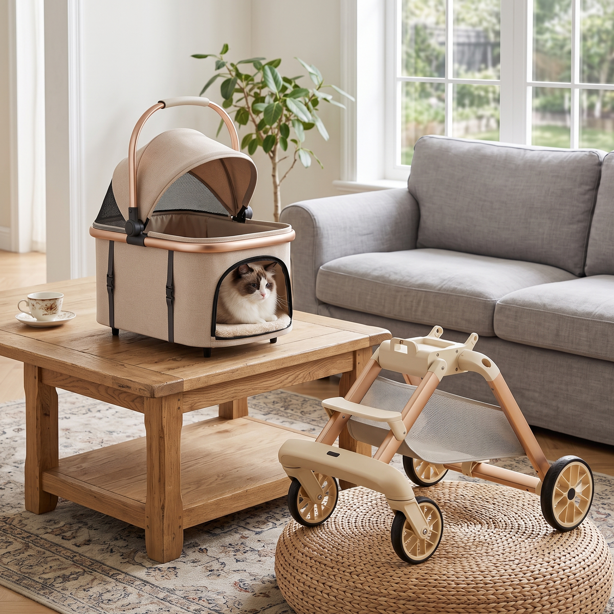 The carrying basket lifted off the frame with a cat still inside