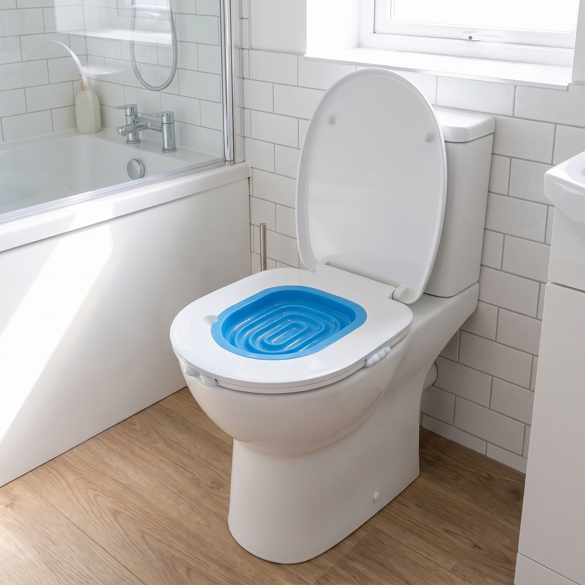 The training tray fitted under a toilet seat in a modern bathroom