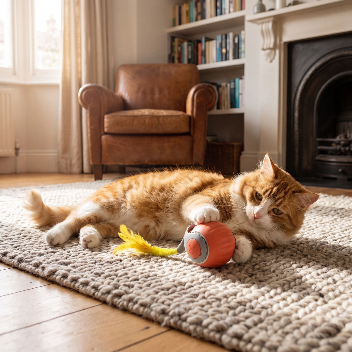 A cat lying on its side batting the toy ball on a rug