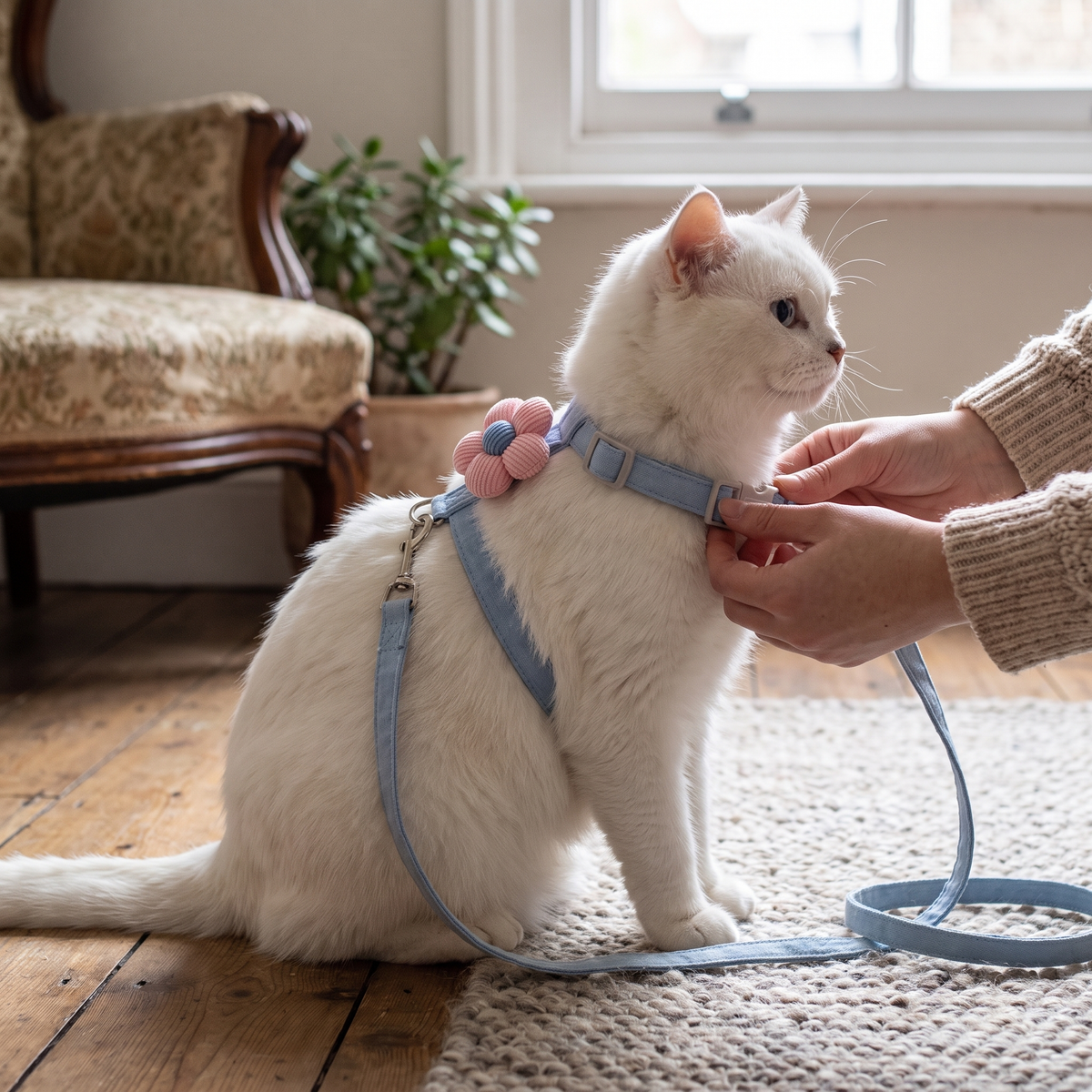 Fastening the chest buckle on a calm cat indoors