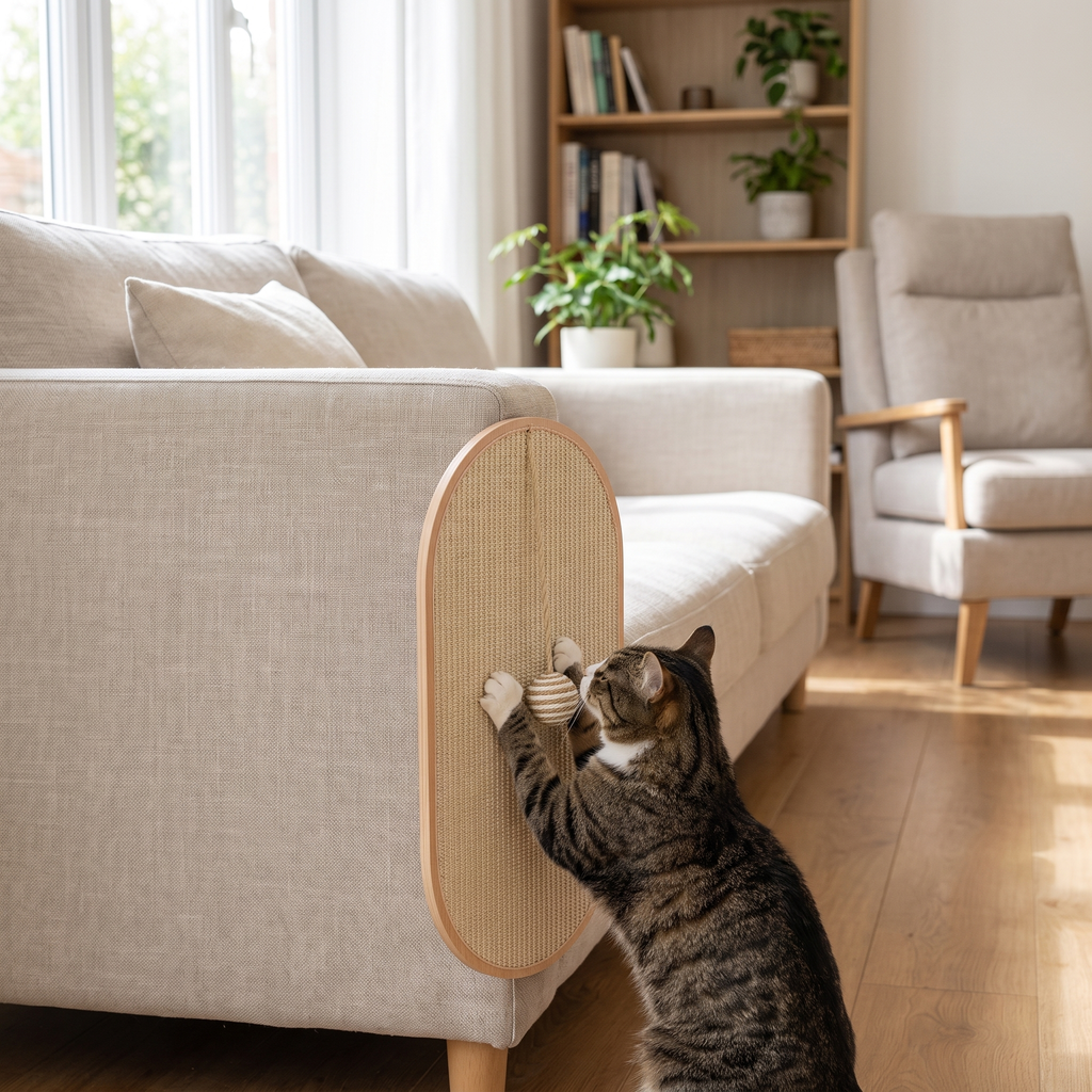 The board fixed to a sofa arm with a cat scratching it instead of the fabric