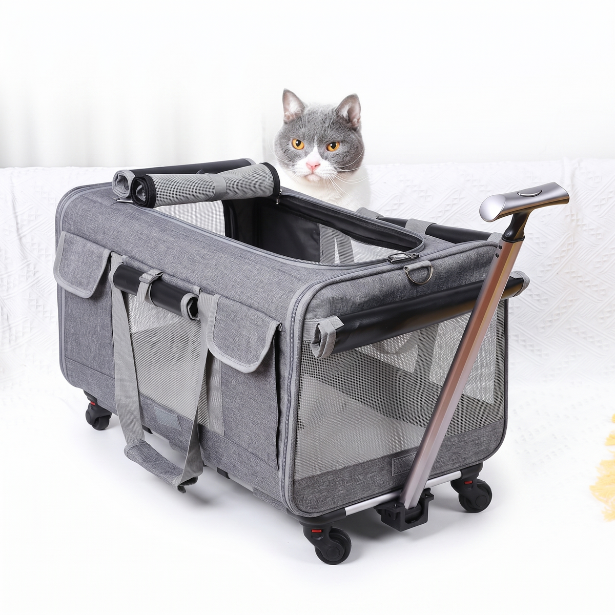 Foldable pet travel trolley on a white studio background with handle extended