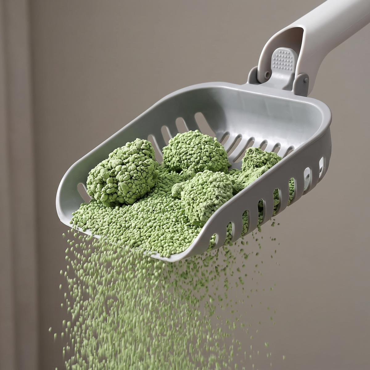 The slotted scoop head lifting clumped litter with clean granules falling through