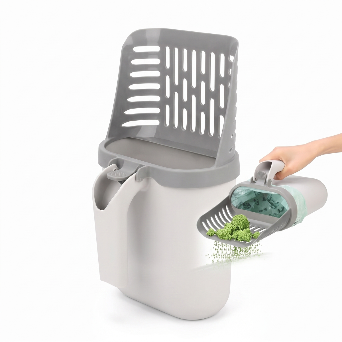 Cat litter scoop and holder on a white studio background