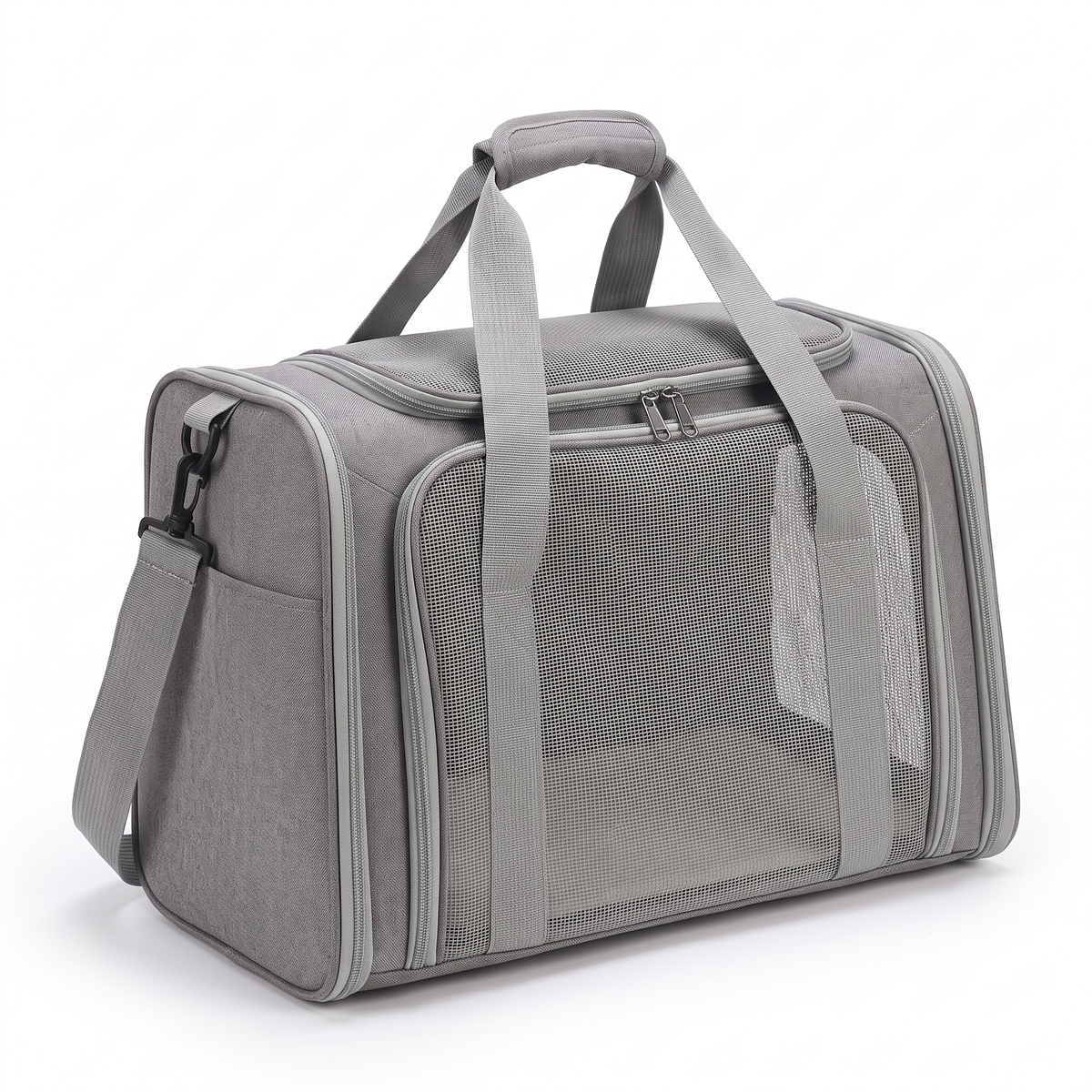 Portable pet carrier bag on a white studio background