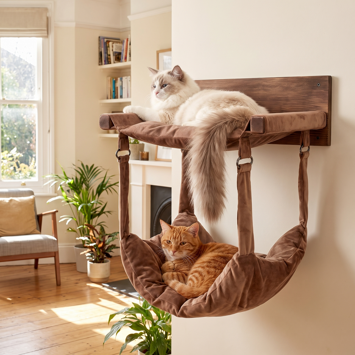 Two cats using the bed at once, one in the nest and one in the hammock