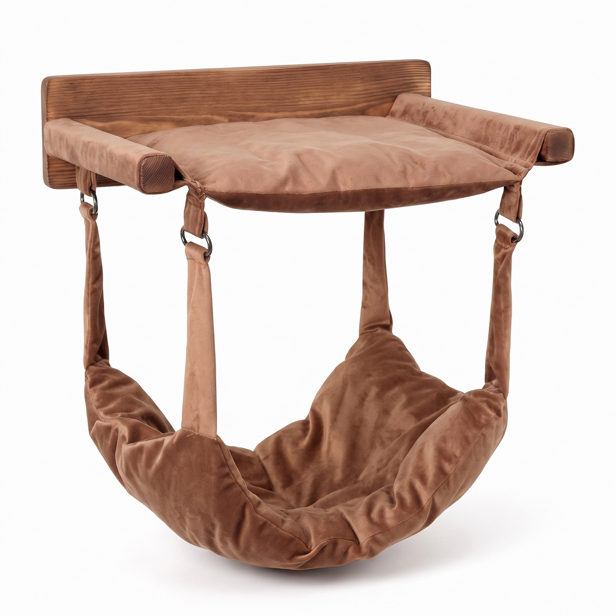 Wooden hanging cat bed with hammock on a white studio background