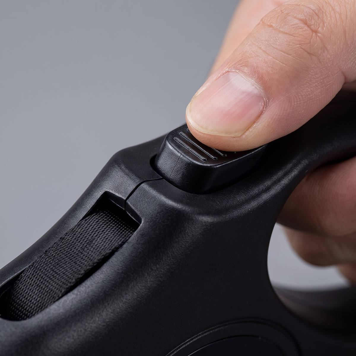 Close view of the thumb brake button and belt slot