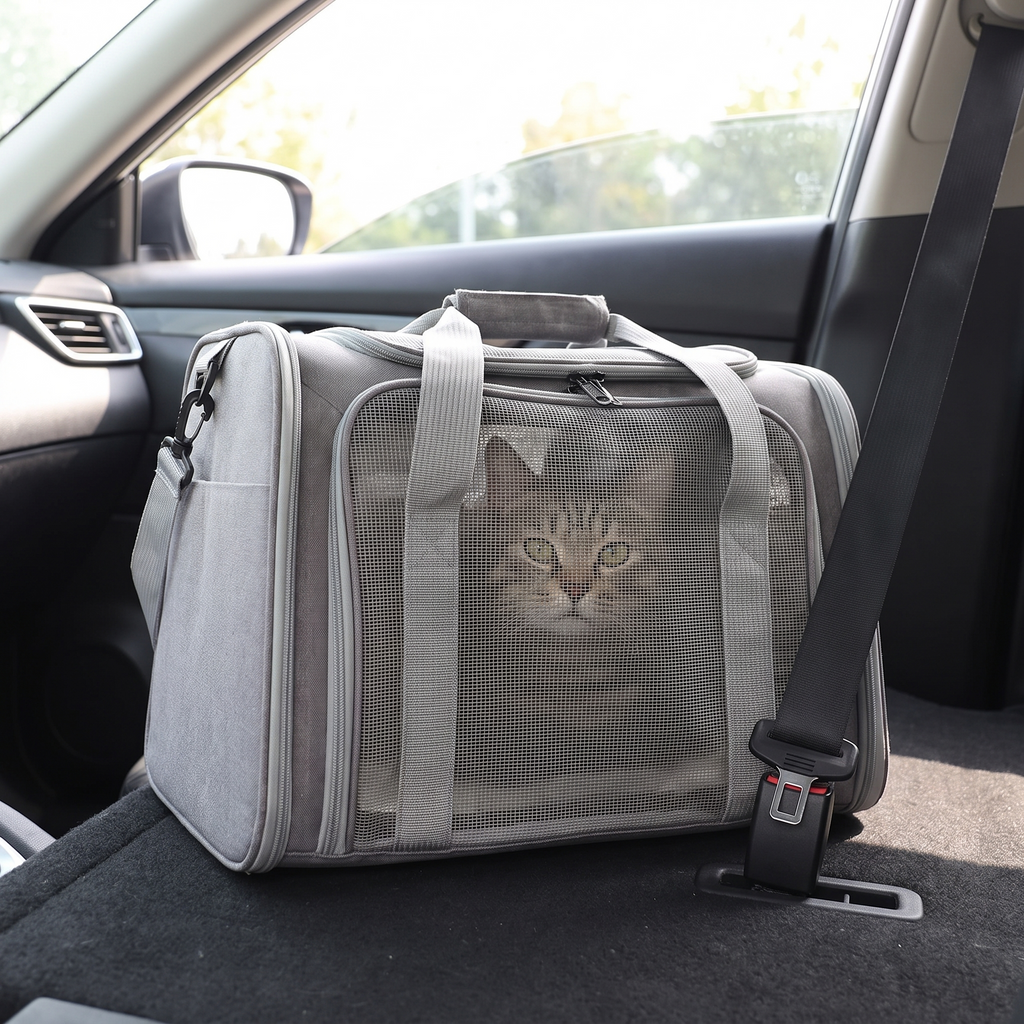 The carrier in a car footwell with a cat at the mesh window